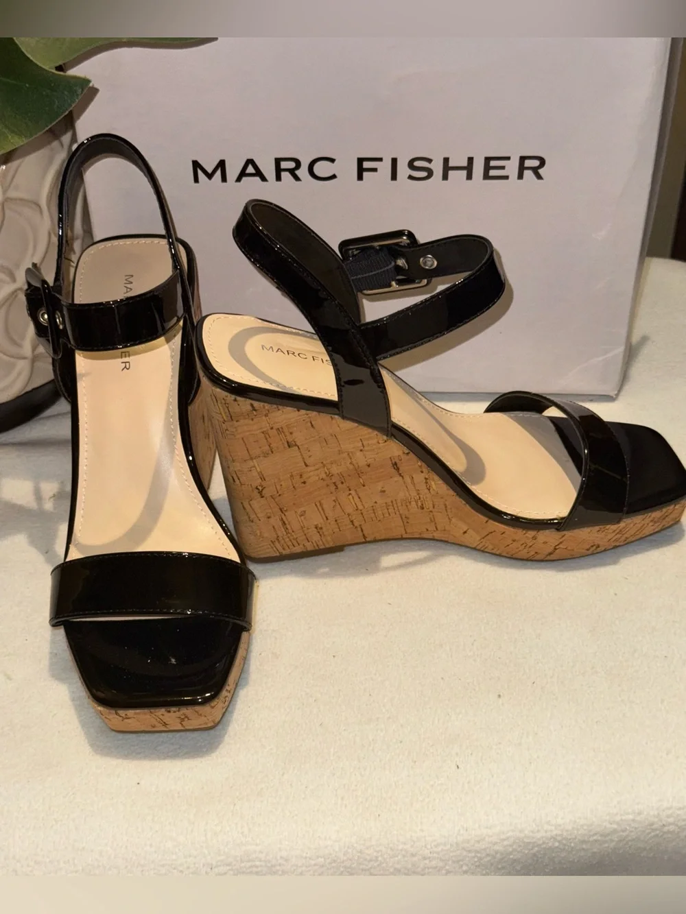 Marc Fisher Black Patent Cork Platform Wedge Sandals